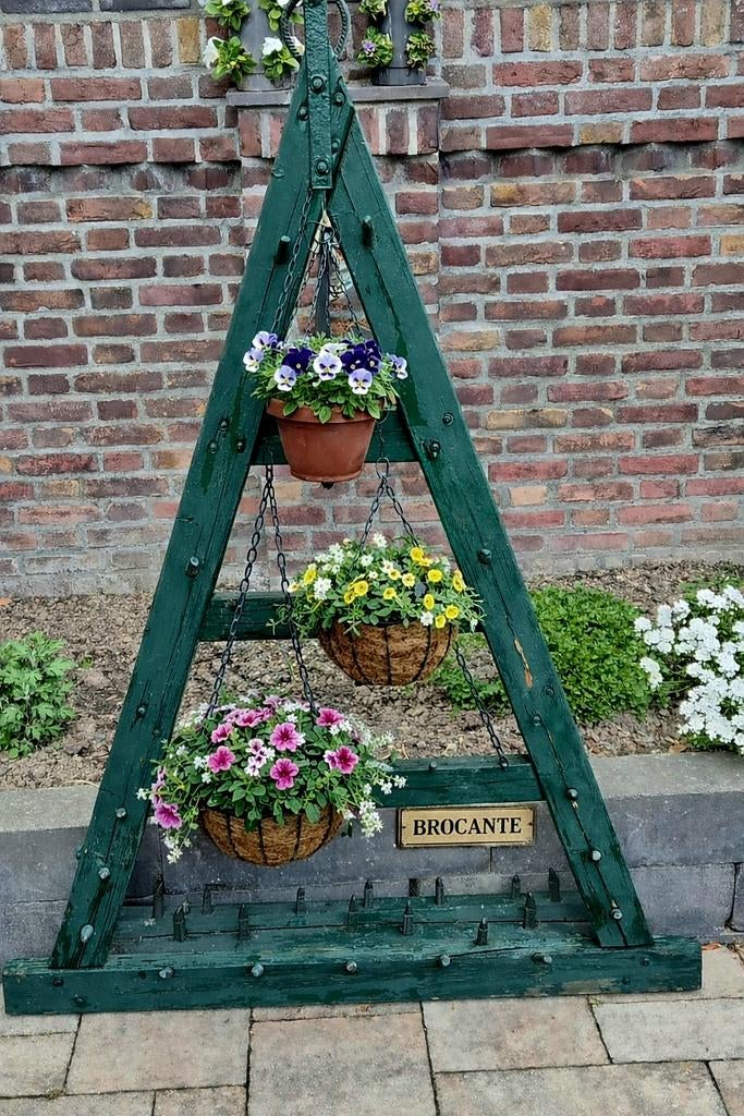 Brocante plantenrek van oude houten eg – landelijke tuindeco, Ophalen, Gebruikt