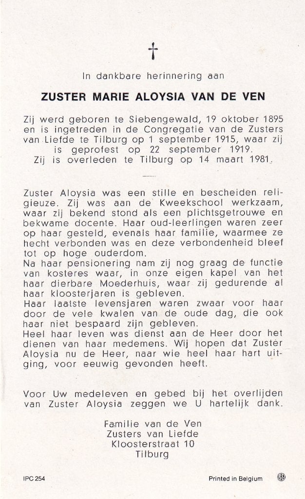 Ven 1895 Siebengewald 1981 Tilburg  zuster, Verzamelen, Bidprentjes en Rouwkaarten, Ophalen of Verzenden, Bidprentje