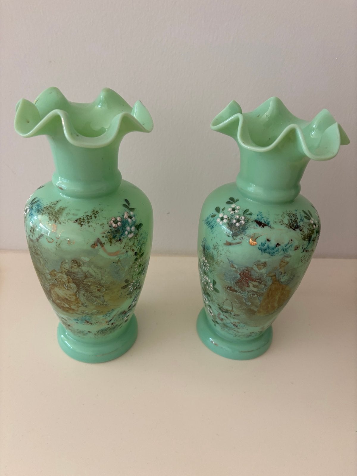 Antieke Victoriaanse Opaline Glazen Vazen - Handgeschilderd, Antiek en Kunst, Ophalen of Verzenden