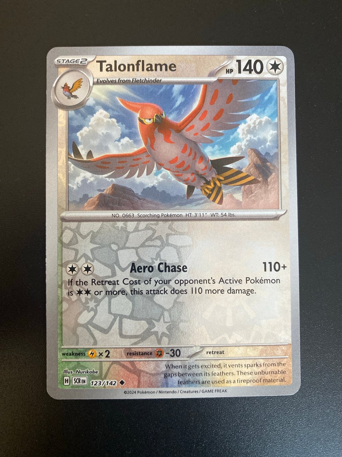 Talonflame 123/142 Reverse Holo Pokémon Stellar Crown, Ophalen of Verzenden, Zo goed als nieuw, Losse kaart, Foil