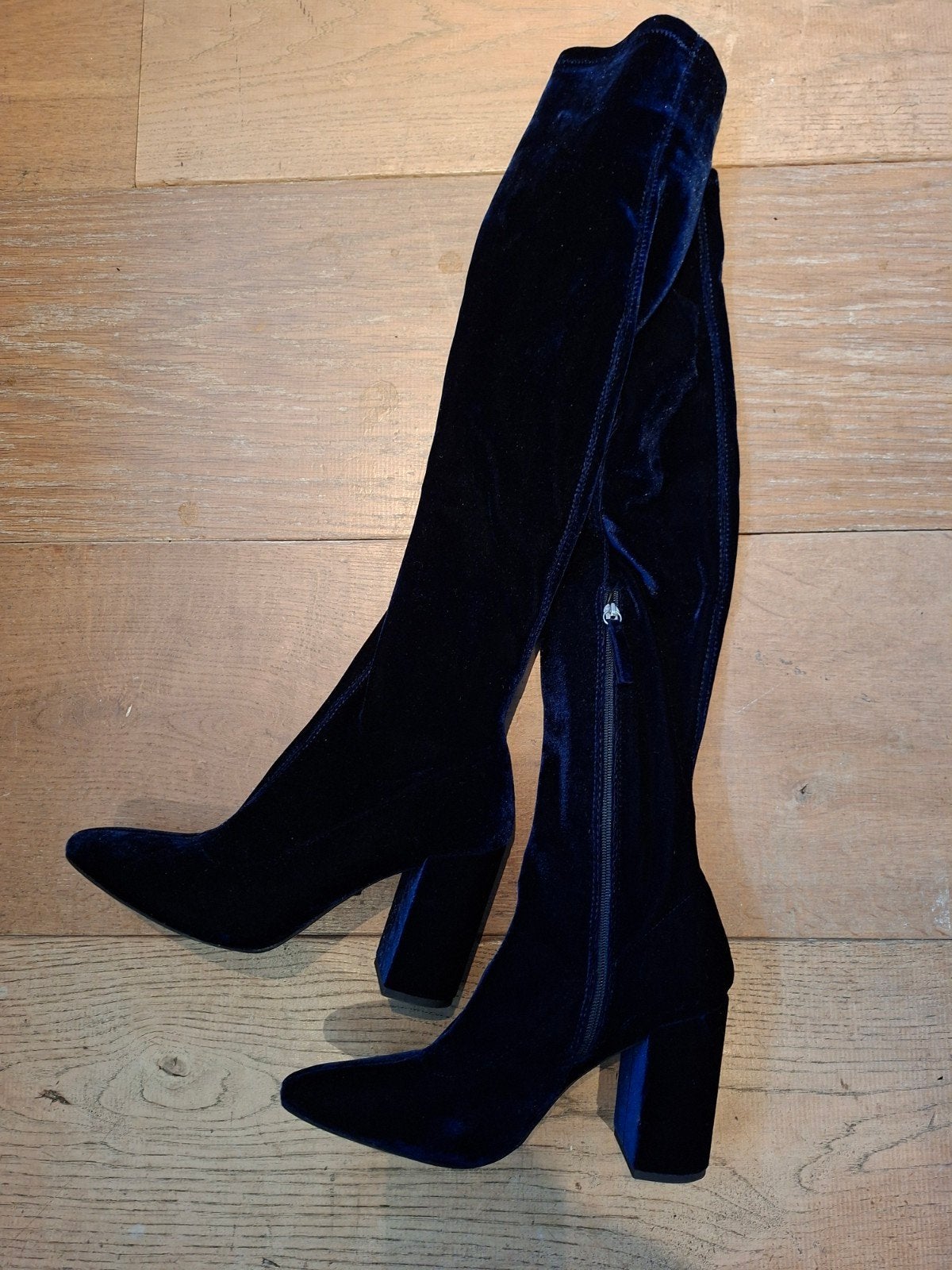 Zara Basic Collection fluwelen overknee laarzen, Hoge laarzen, Blauw, Zo goed als nieuw, Zara Basic Collection