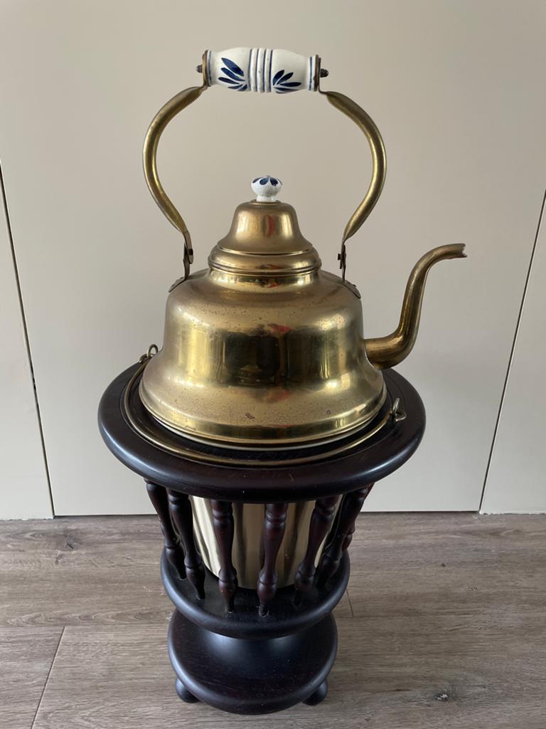 Antieke koperen theeketel met onderstel, Antiek en Kunst, Ophalen of Verzenden, Brons