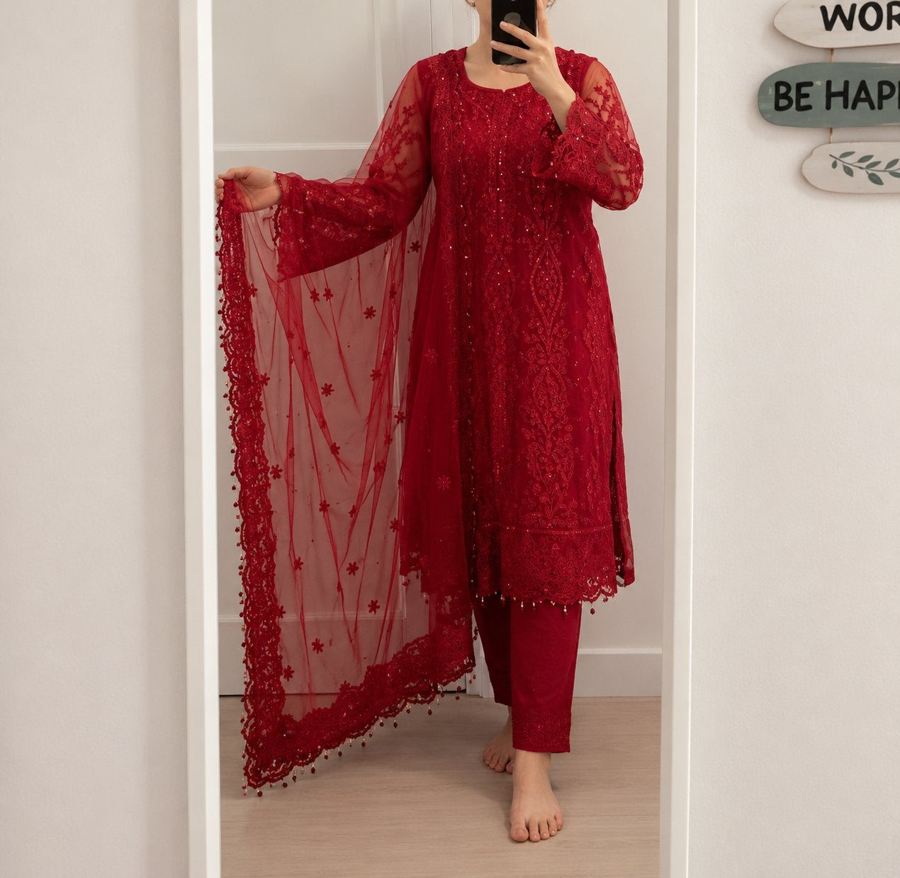 Rode Indiase/Pakistaanse jurk met broek en sjaal, Maat 38/40 (M), Ophalen of Verzenden, Zo goed als nieuw, Rood