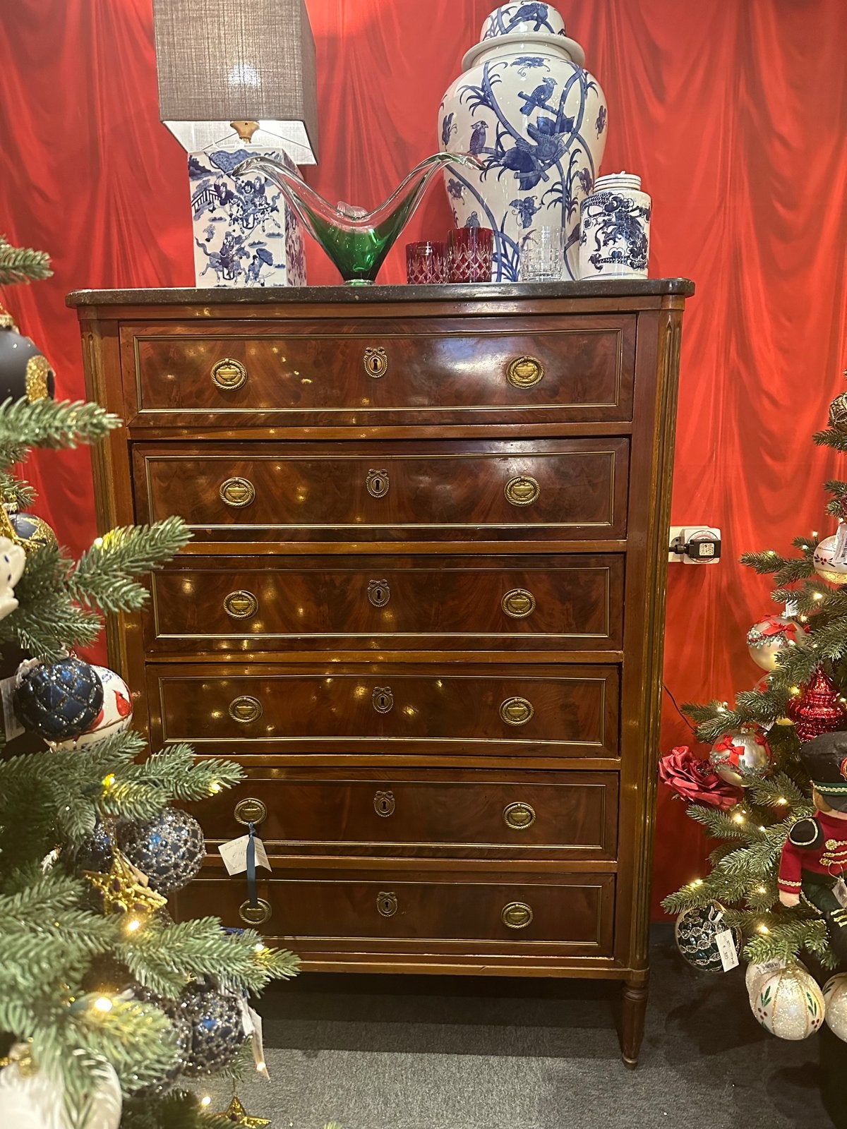 Antiek Louis XVI ladenkast met 6 lades en marmeren blad, Ophalen, Gebruikt, 100 tot 150 cm, 5 laden of meer