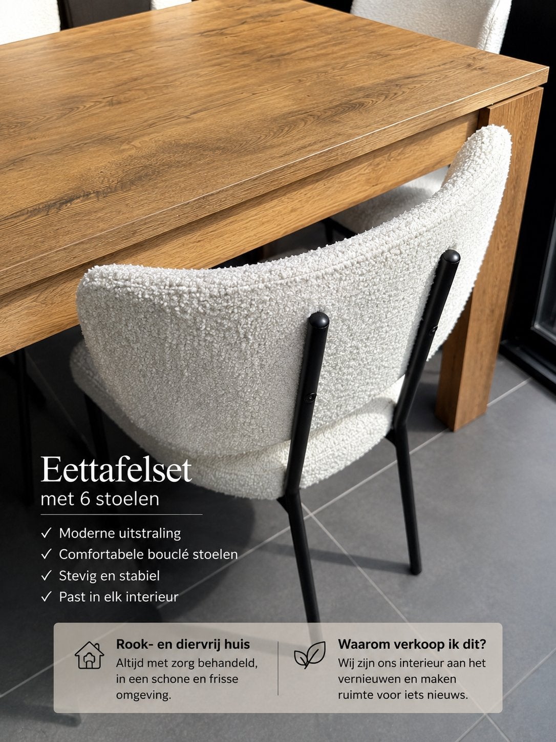 6 luxe bouclé eetkamerstoelen – crème/wit, Ophalen, Wit, Zo goed als nieuw, Stof