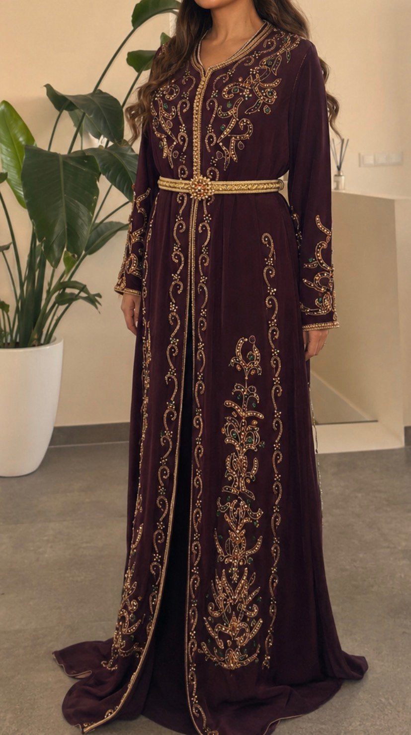 Marokkaanse jurk kaftan takchita plum/ paars met sierraden, Kleding | Dames, Maat 38/40 (M), Overige typen, Paars, Ophalen of Verzenden
