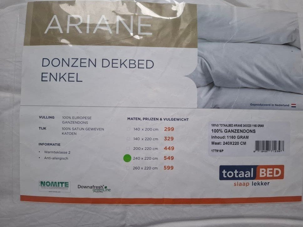 Ariane Donzen Dekbed Enkel - 240x220 cm - Warmteklasse 2, Ophalen, Anti-allergisch, Wit, Dons en Veren