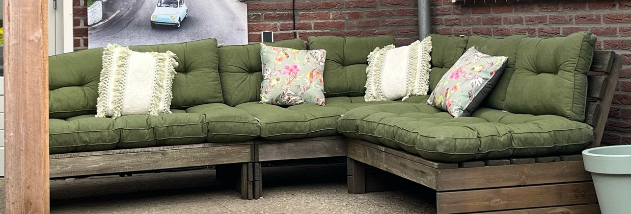 Loungekussens Florence groen - 3x groot, 7x klein, Huis en Inrichting, Ophalen of Verzenden, Gebruikt, Groen, Vierkant