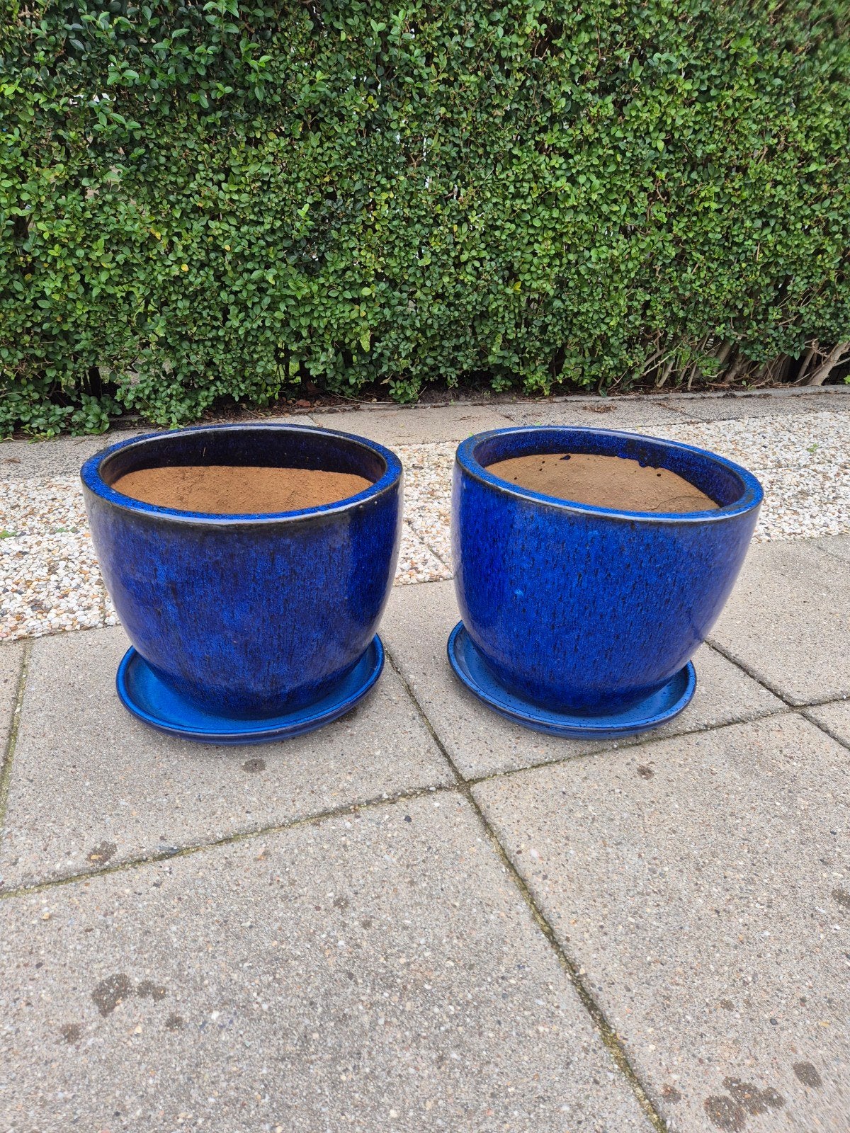 Set van 2 supermooie geglazuurde buitenpotten met schalen, Tuin en Terras, Ophalen, Steen, Minder dan 60 cm, Rond