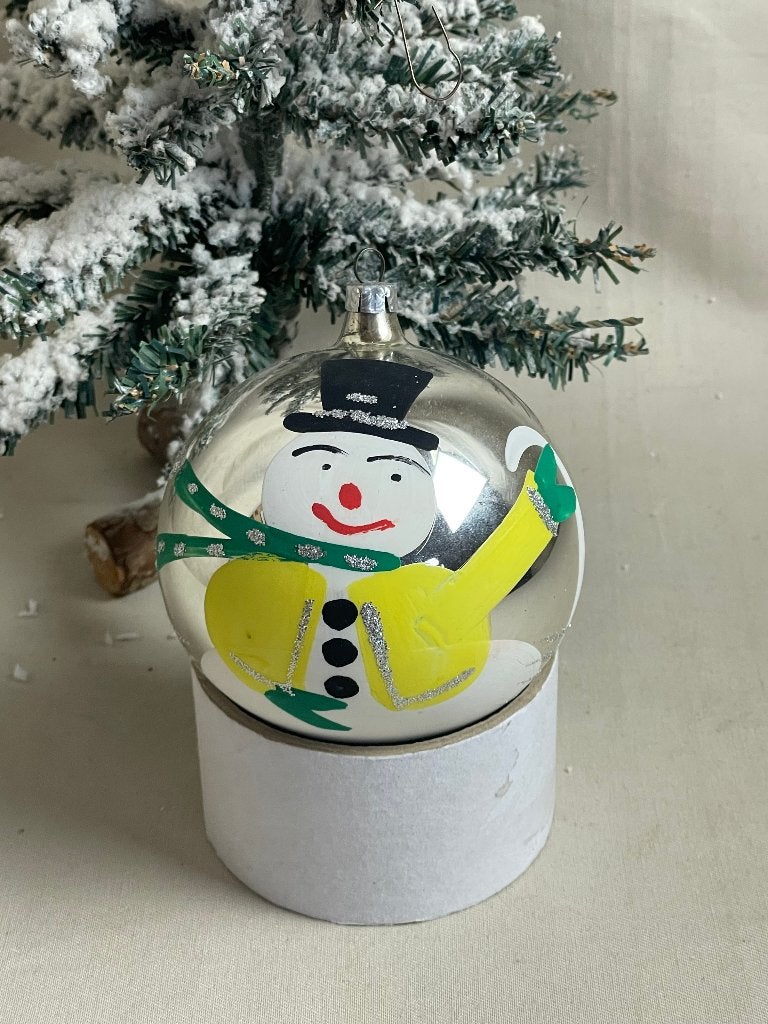 Oude grote glazen kerstbal met sneeuwpop beschildering, Ophalen of Verzenden, Zo goed als nieuw