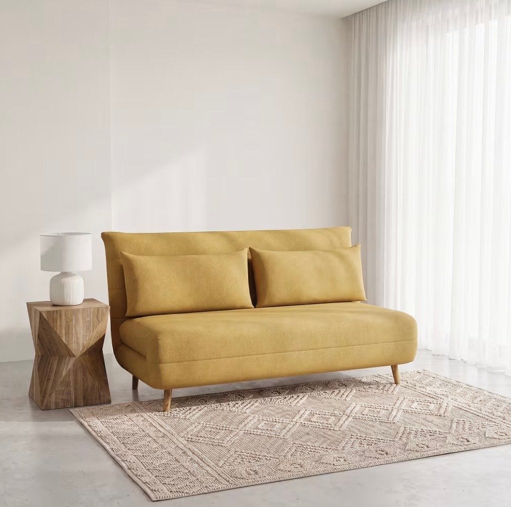 Nio Slaapbank Mosterdgeel (incl. matras) Maison du Monde, Huis en Inrichting, Ophalen, Geel, Tweepersoons, Zo goed als nieuw