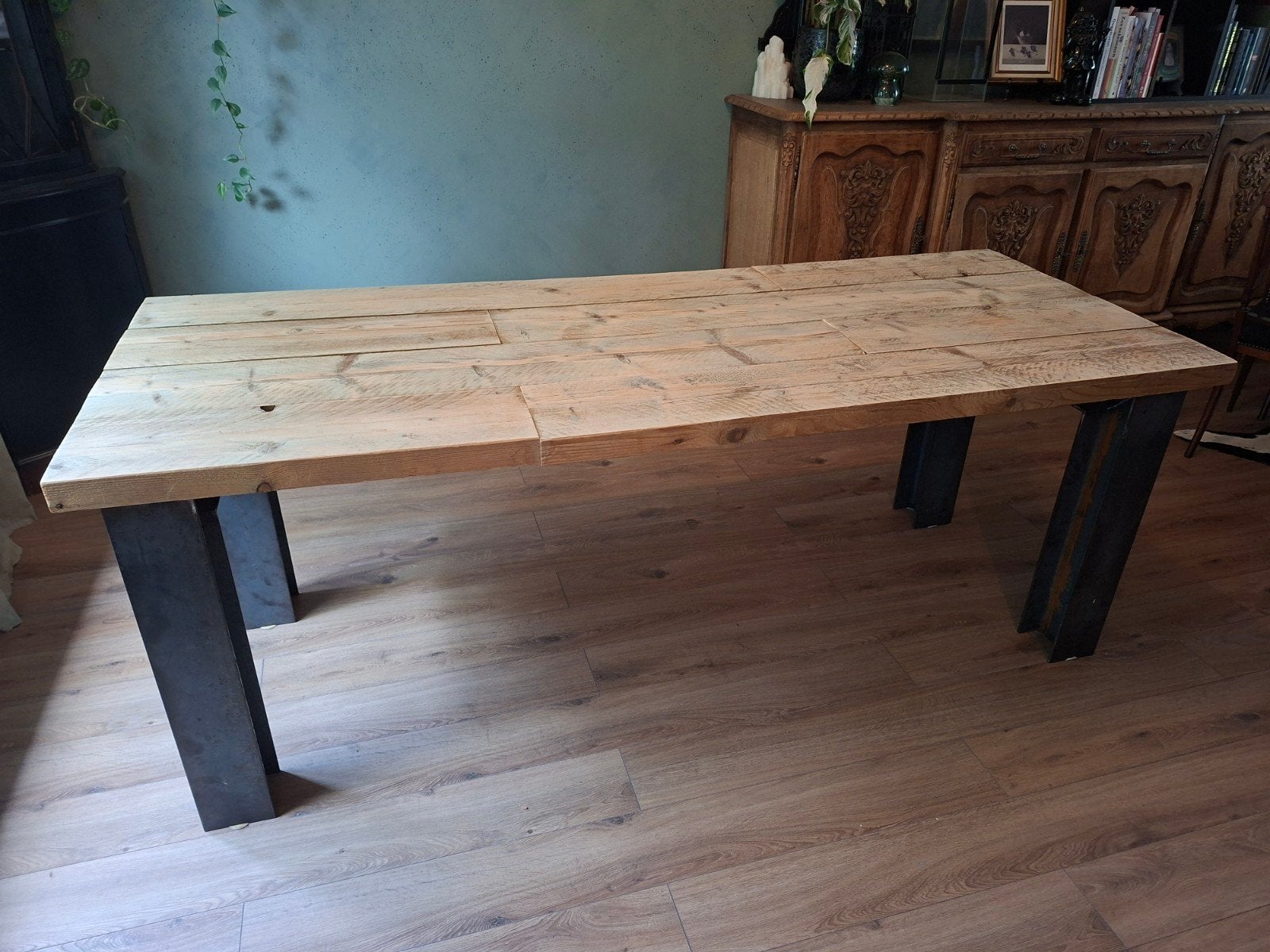 Robuuste Industriële Eettafel (200x80) met treinrails, Huis en Inrichting, Tafels | Eettafels, Gebruikt, 200 cm of meer, 50 tot 100 cm