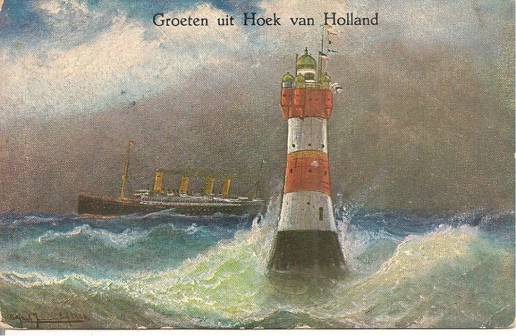 Ansicht Groeten uit Hoek van Holland vuurtoren schip 1930, Ophalen of Verzenden, 1920 tot 1940, Gelopen, Zuid-Holland