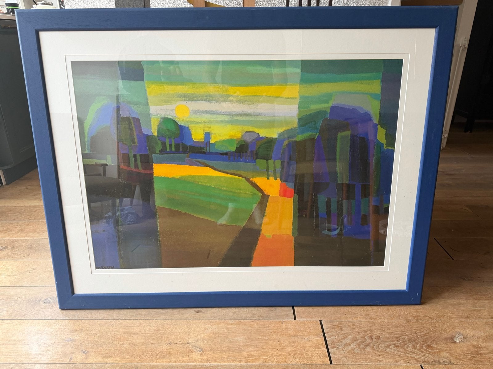 Ton schulten - Abstract landschap schilderij in blauwe lijst, Ophalen of Verzenden
