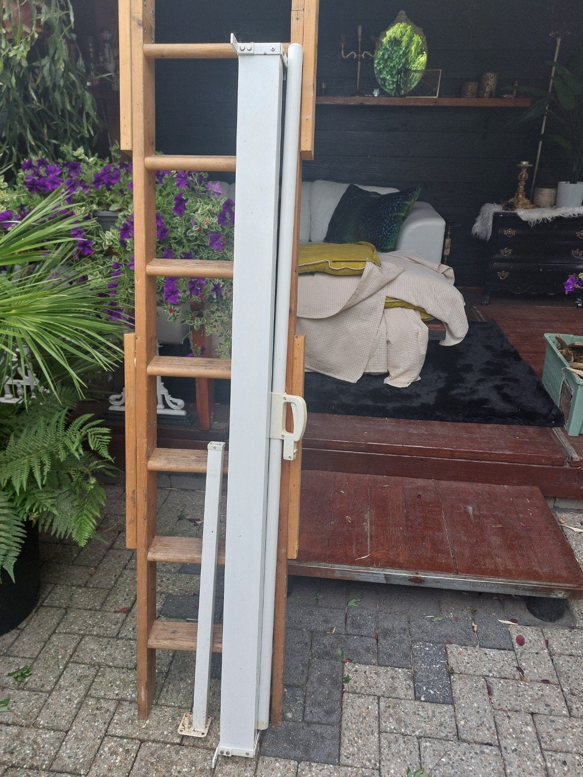 Uittrekbaar windscherm met grijs doek, Tuin en Terras, Tuinschermen, Ophalen, Gebruikt, 200 cm of meer, 150 tot 200 cm