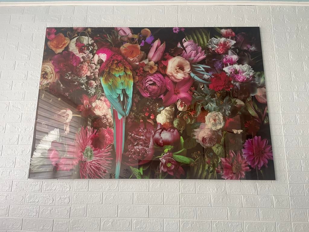 Mooie Glazen schilderij van Papagaai en bloemen, Ophalen of Verzenden