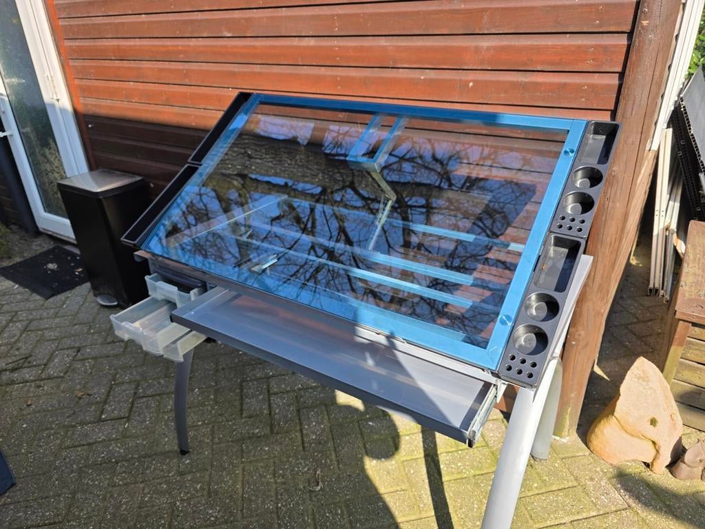 Tekentafel met glazen blad en lades, Ophalen of Verzenden