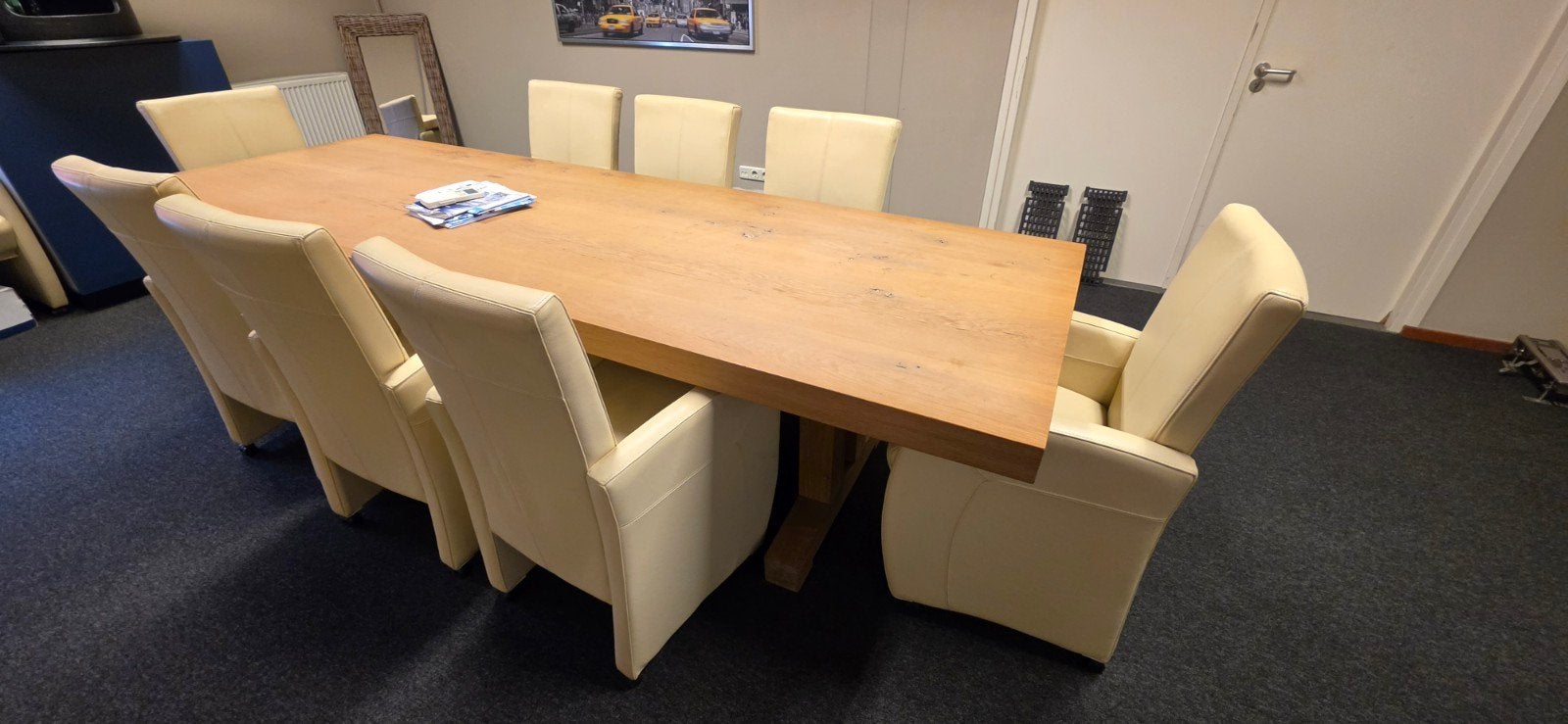 Eikenhouten eettafel met 8 leren stoelen, Huis en Inrichting, Tafels | Eettafels, Ophalen, Gebruikt, Eikenhout, 200 cm of meer