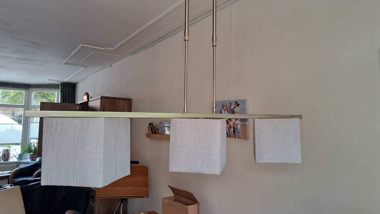 In hoogte verstelbare hanglamp met 3 stoffen kappen, Huis en Inrichting, Lampen | Hanglampen, Ophalen, Gebruikt, E27 (groot), Textiel