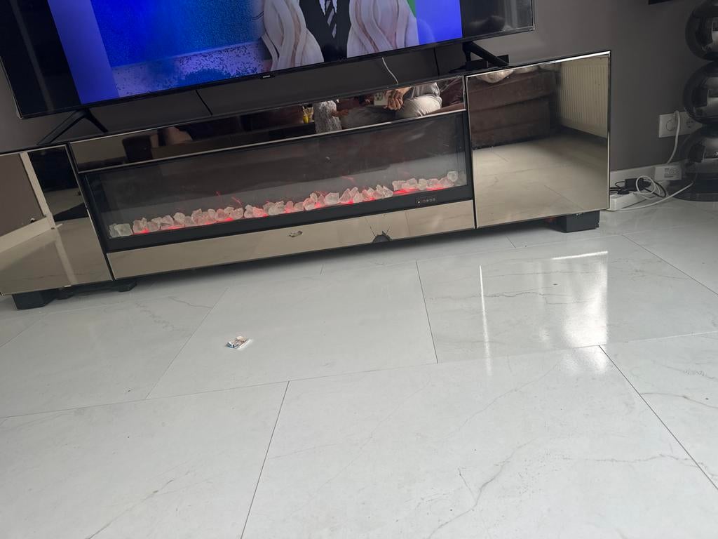 Spiegel TV-meubel met elektrische haard, Ophalen, Gebruikt, 150 tot 200 cm, Glas