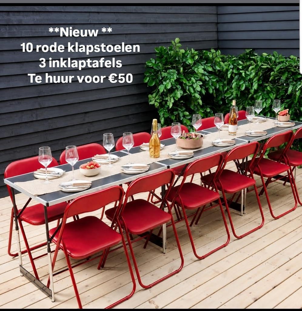 Te huur! 3 inklaptafels met 10 rode klapstoelen €50, Ophalen, Zo goed als nieuw, Overige