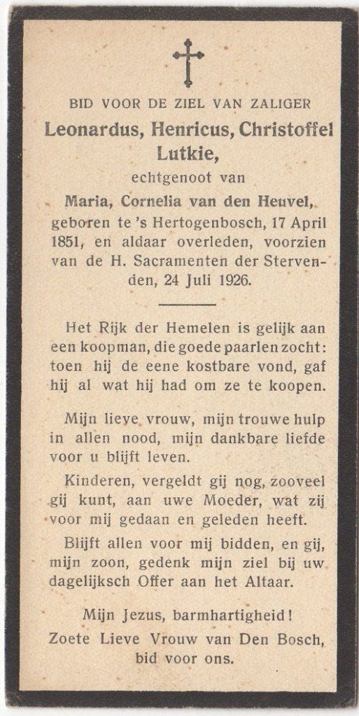 Leonardus H. Lutkie 1851 Den Bosch + 19256 Den Bosch, 75 jr, Verzenden