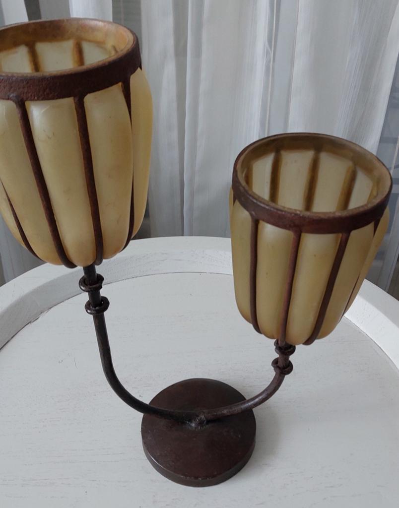 Decoratieve Kandelaar met Twee Glazen Houders, Antiek en Kunst, Ophalen, Glas