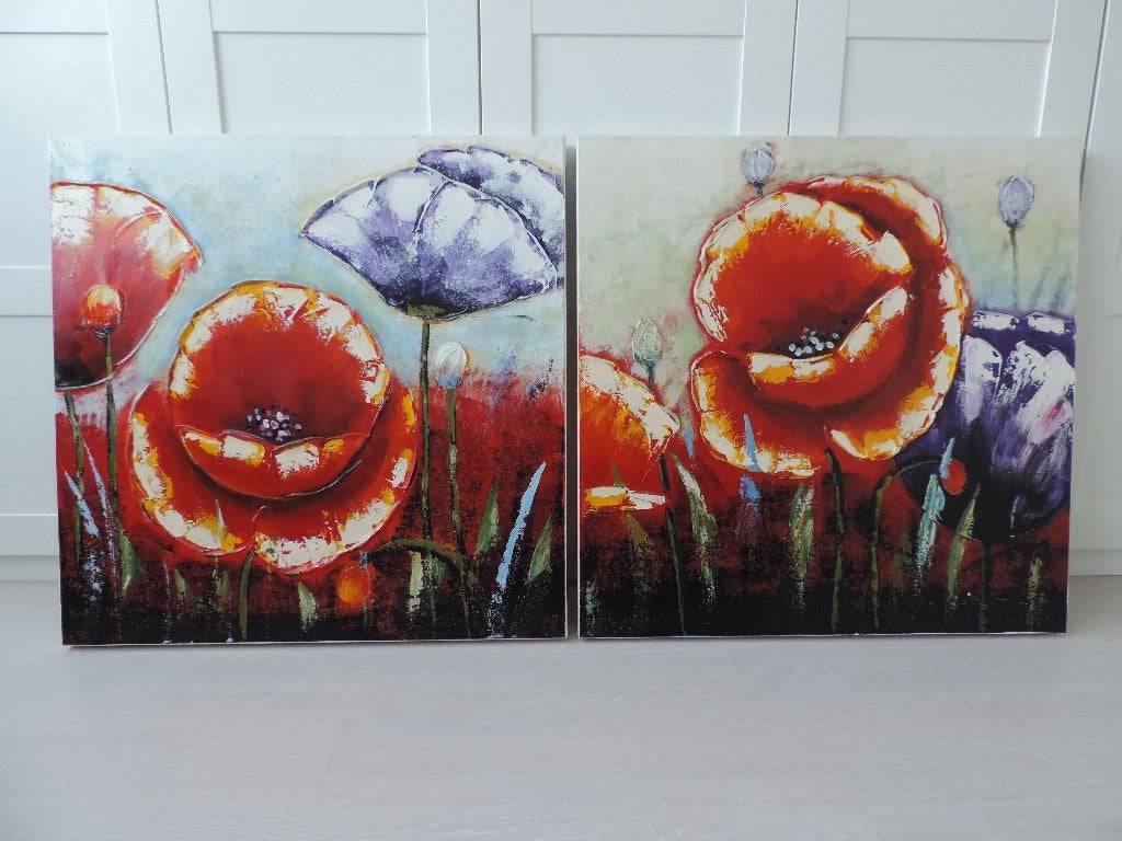 Een paar decoratieve, kleurrijke schilderijen van klaprozen, Doek, Overige technieken, Impressionistisch, Ophalen