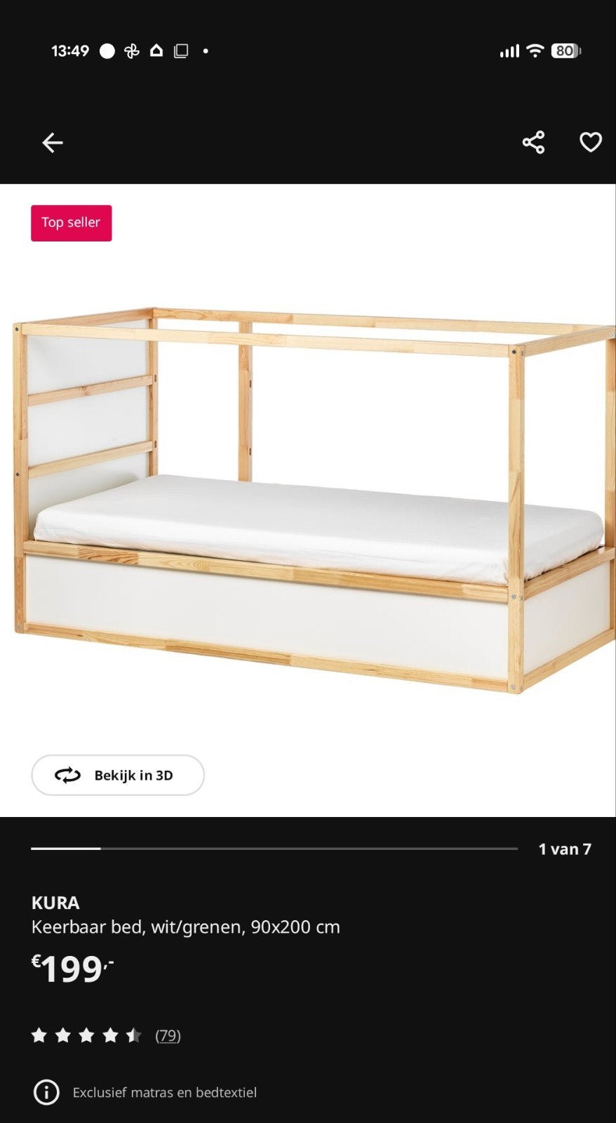 IKEA KURA omkeerbaar bed, wit/grenen, 90x200 cm excl matras, Ophalen of Verzenden