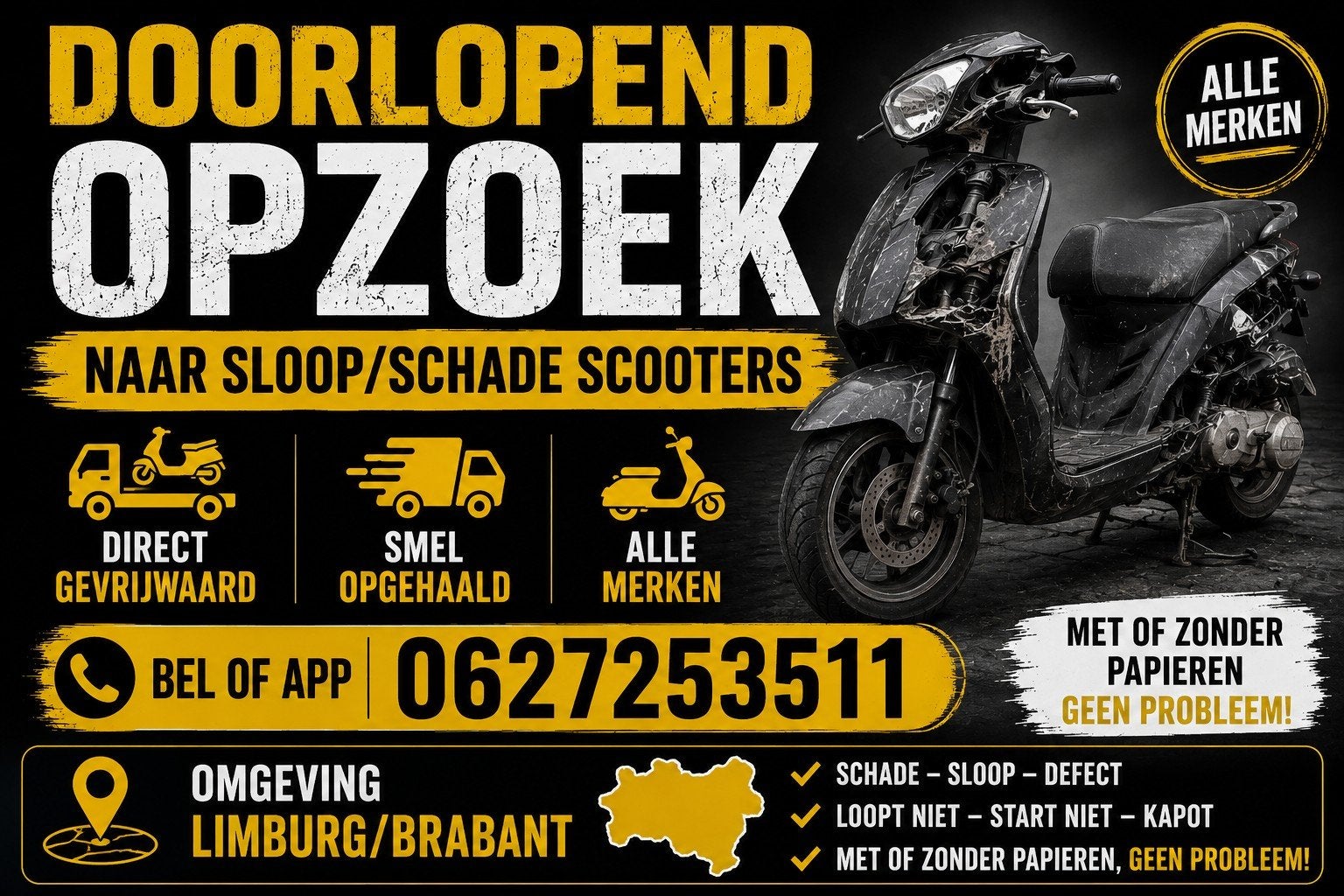 Sloop- & schade scooters gezocht! Direct gevrijwaard, Ophalen of Verzenden, Overige merken