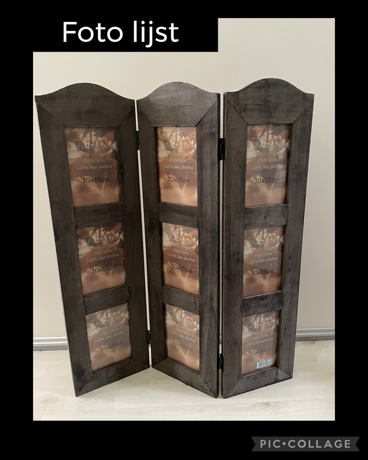 Houten fotolijst drieluik voor 9 foto's (10x15cm), Bruin, Gebruikt, Hangend, Hout