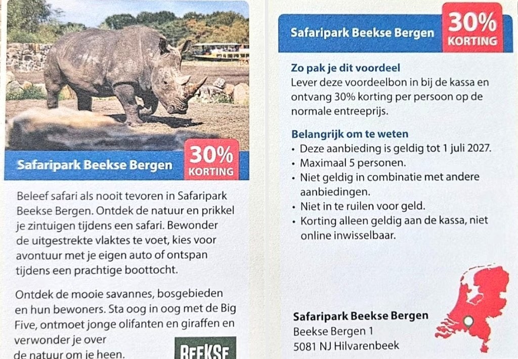Safaripark Beekse Bergen 30% kortingsbon, Drie personen of meer, Kortingskaart
