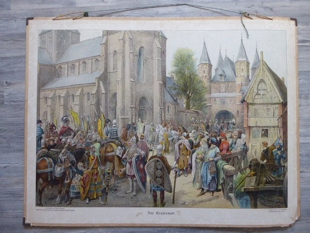 schoolplaat, de kruistochten, Antiek en Kunst, Ophalen, Oud hollands, Stads- / dorpsgezicht, Overige ondergronden