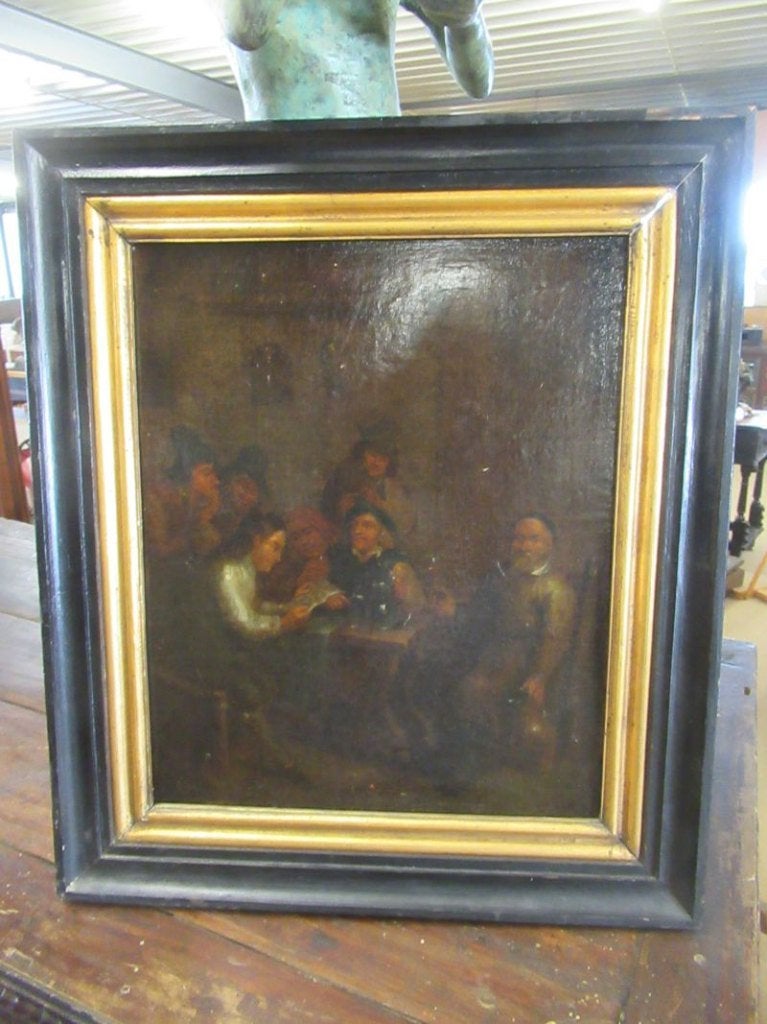 Oer 11608 antiek 18e eeuws schilderij "Café bezoek", Ophalen