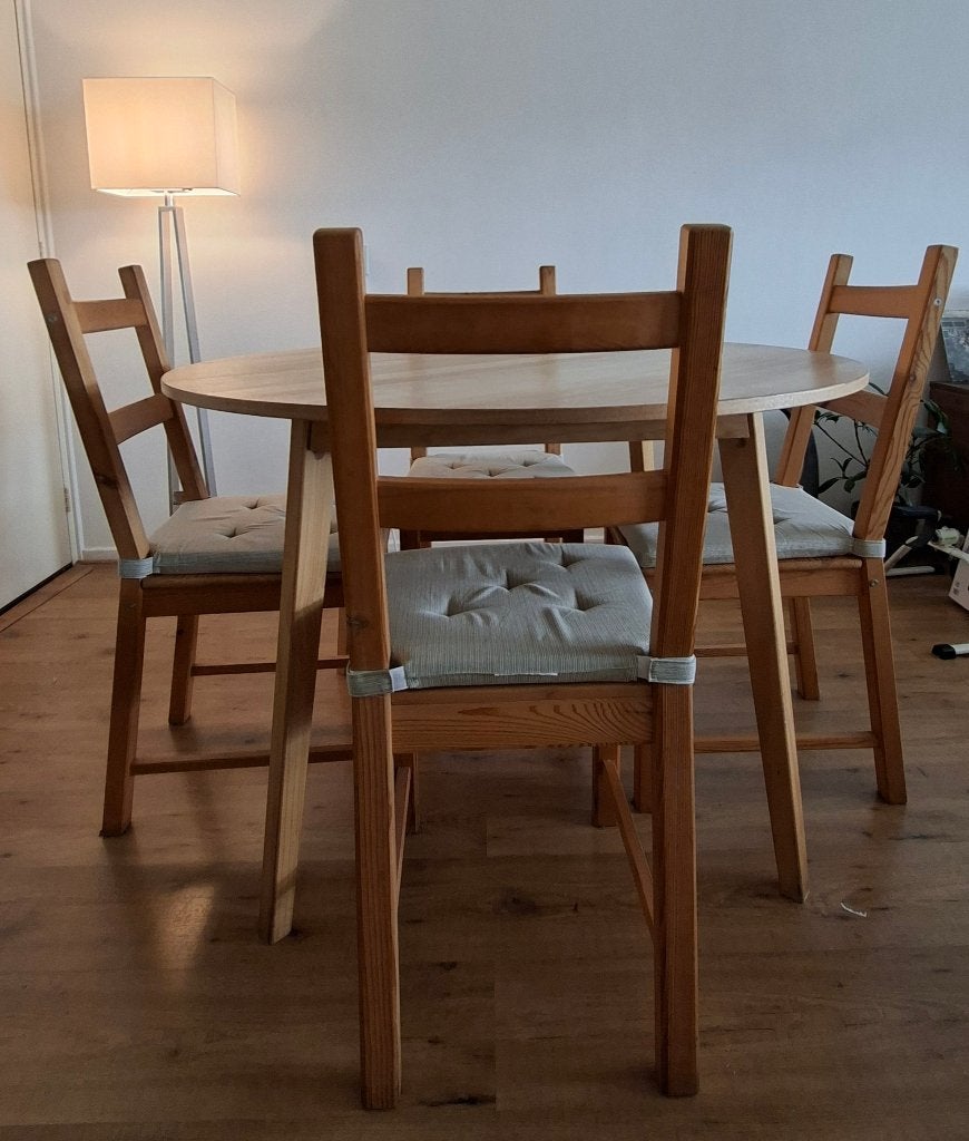 Ronde eethoek + 4 stoelen, Ophalen, Gebruikt, 150 tot 200 cm, Rond