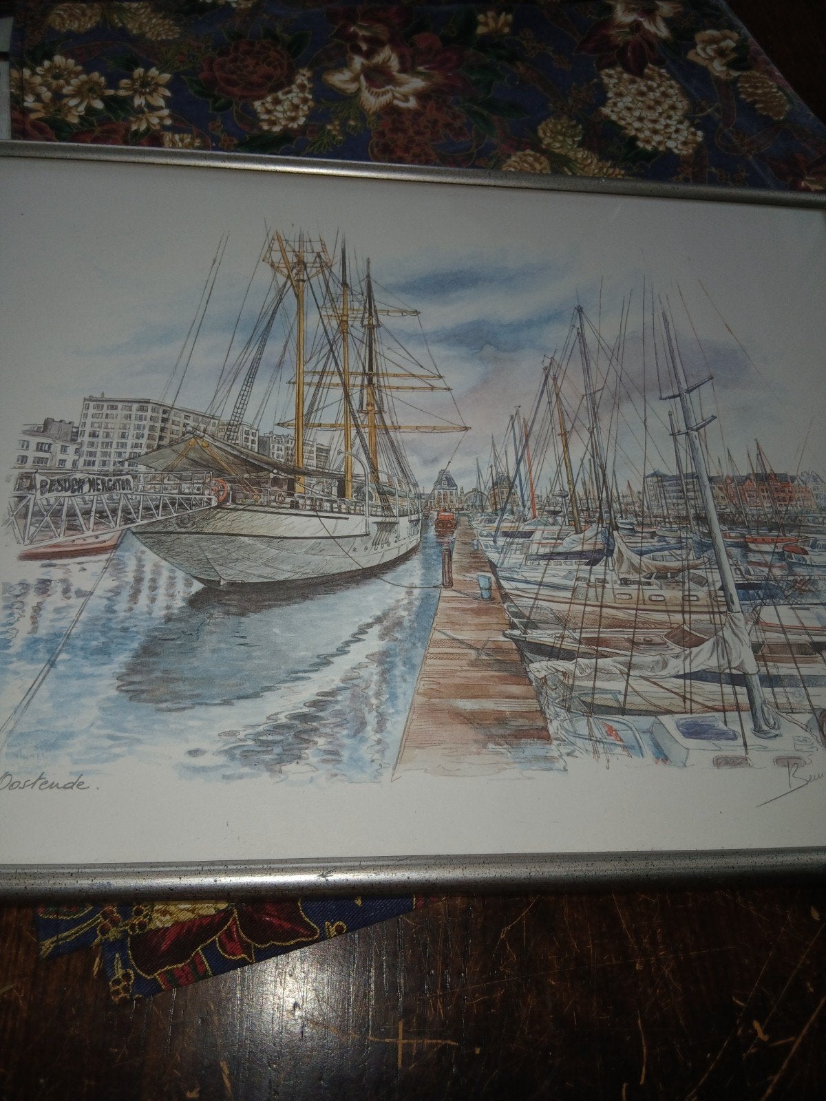 Schilderij Oostende haven met schepen en jachten, Huis en Inrichting, Minder dan 50 cm, Oorspronkelijke maker, Ophalen of Verzenden