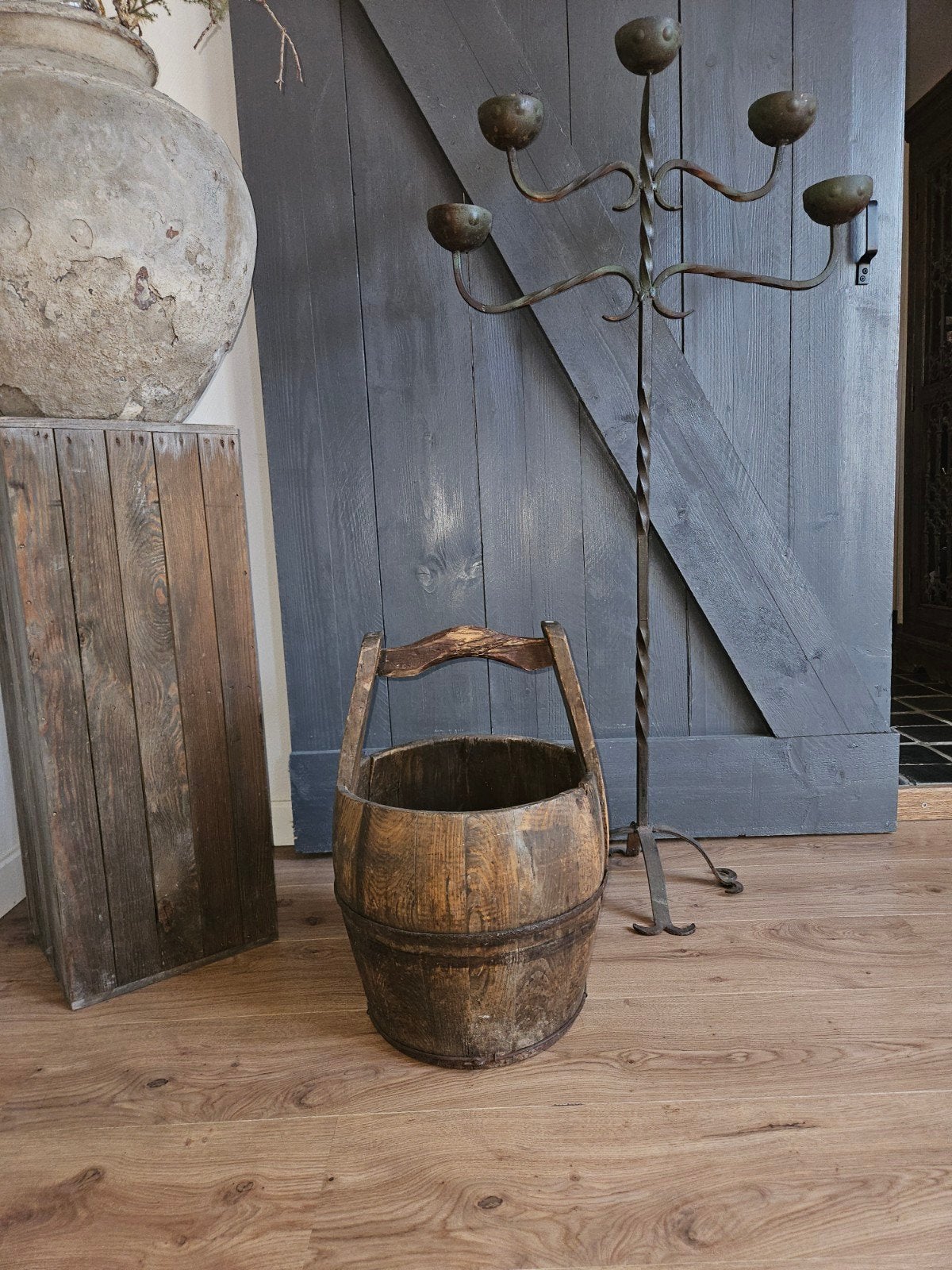 sober stoer oude houten emmer landelijk wonen, Ophalen of Verzenden, Zo goed als nieuw, Rond, Hout
