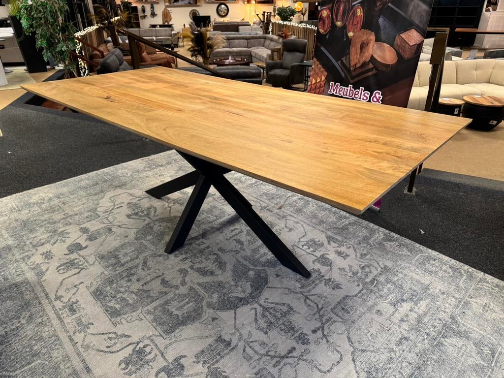 Eettafel rechthoekig vlak blad Mango 220 Direct/Leverbaar, Huis en Inrichting, Overige houtsoorten, #Eettafel#Verjongd#Deens#Mango#Vlak#Kruispoot
