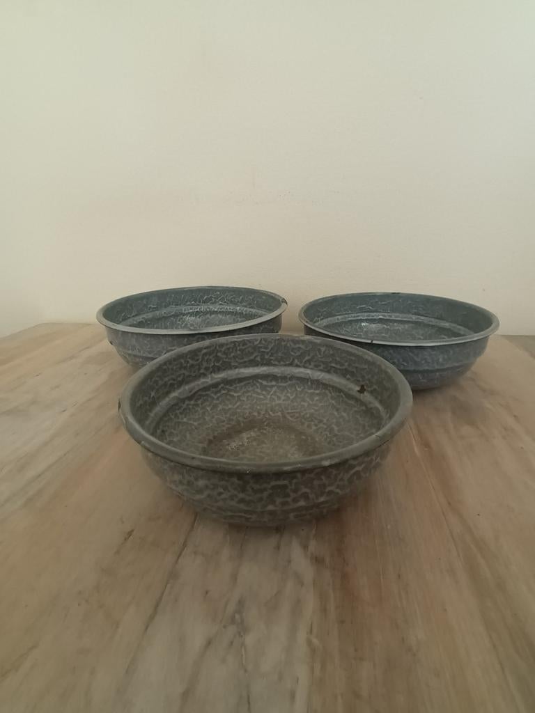 3 mooie schalen emaille grijs gewolkt, Ophalen of Verzenden