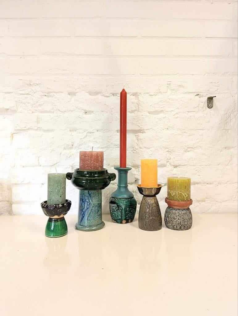 Mosterdpot groen kandelaars kaarsen set van 5 vintage uniek, Overige materialen, Zwart, Ophalen of Verzenden, Zo goed als nieuw