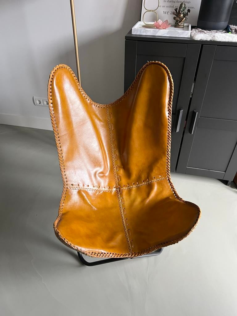Industriële Leren Vlinderstoel – Cognac – Design Fauteuil, Huis en Inrichting, Ophalen, Bruin, Zo goed als nieuw, Metaal