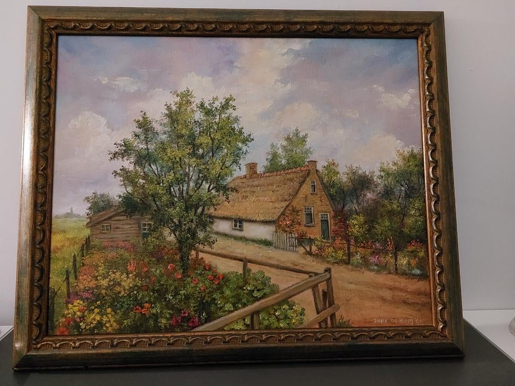 Schilderij Joke de Mooij, Platteland met Boerderij, 2001, Antiek en Kunst, Kunst | Schilderijen | Klassiek, Ophalen of Verzenden