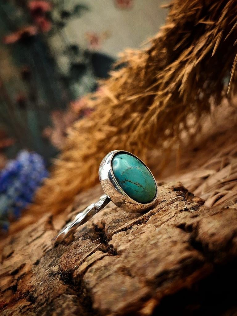 Zilveren Handgemaakte Ring met Turkoois, Sieraden, Tassen en Uiterlijk, Ringen, Zo goed als nieuw, Dame, 18 tot 19, Zilver, Zilver
