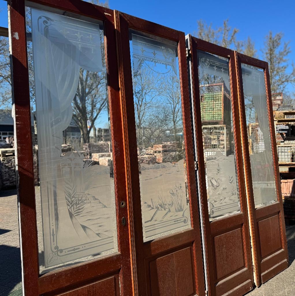 4-delige antieke openslaande deuren met geëtst glas 249x282, Ophalen of Verzenden