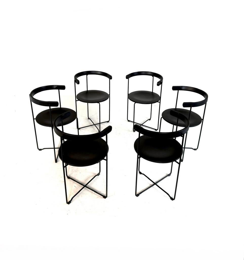 Set van 6 vintage design klaptstoelen, Kusch & co ‘80, Vintage retro buisframe design rotan webbing papercord deens, Zwart, Ophalen of Verzenden