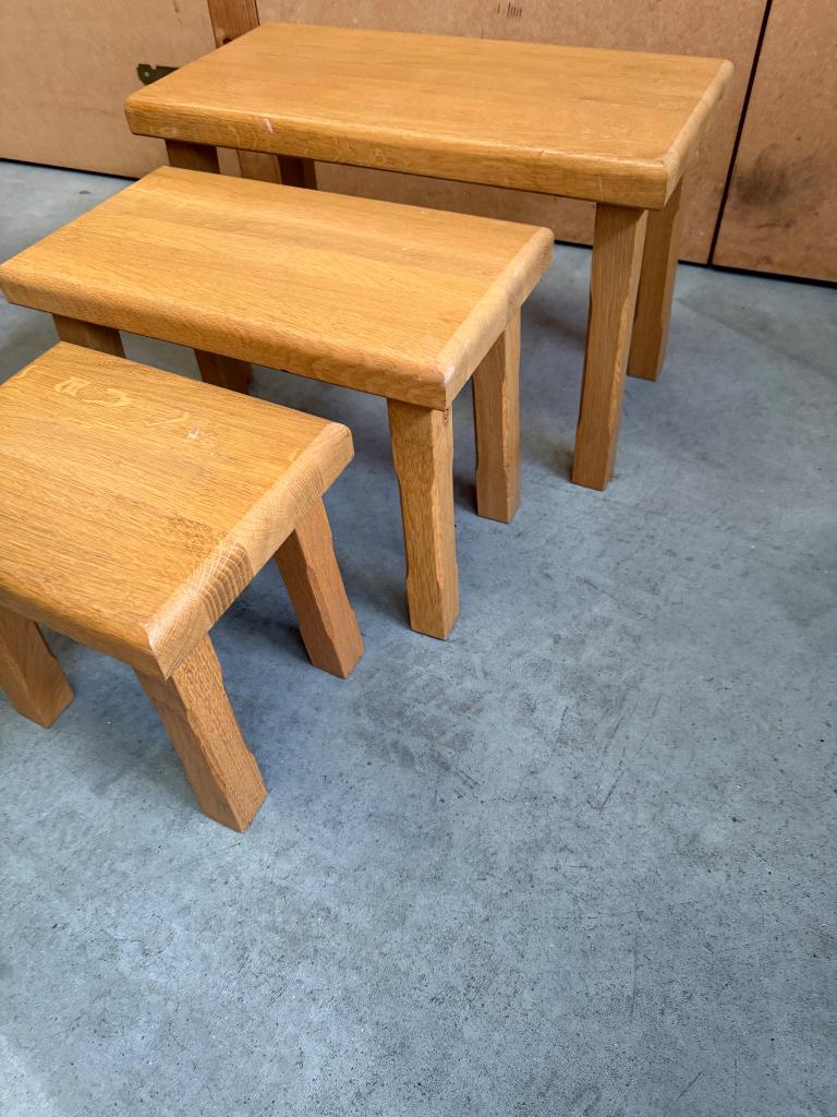 Vintage brutalist massief eiken bijzettafeltjes, Ophalen, Gebruikt, Eikenhout, 25 tot 50 cm