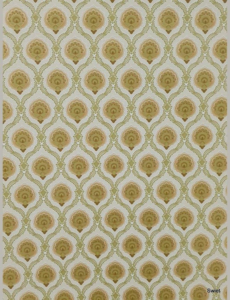 13951 retro behang ornament goudgroen 70s klassiek swiet, Ophalen of Verzenden, 75 m² of meer, Groen