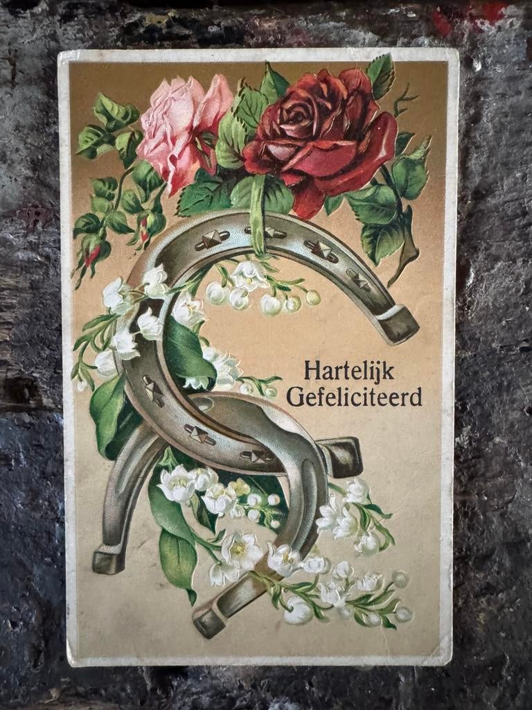 Oude kaart, bloemen hoefijzers relief, 1916, Ophalen of Verzenden, Voor 1920, Overige thema's