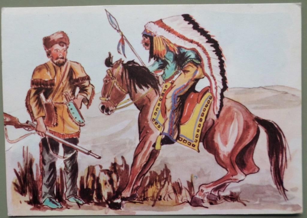 Indiaan onderhandelt met pelsjager, Ophalen of Verzenden, 1960 tot 1980, Ongelopen, Cultuur en Media