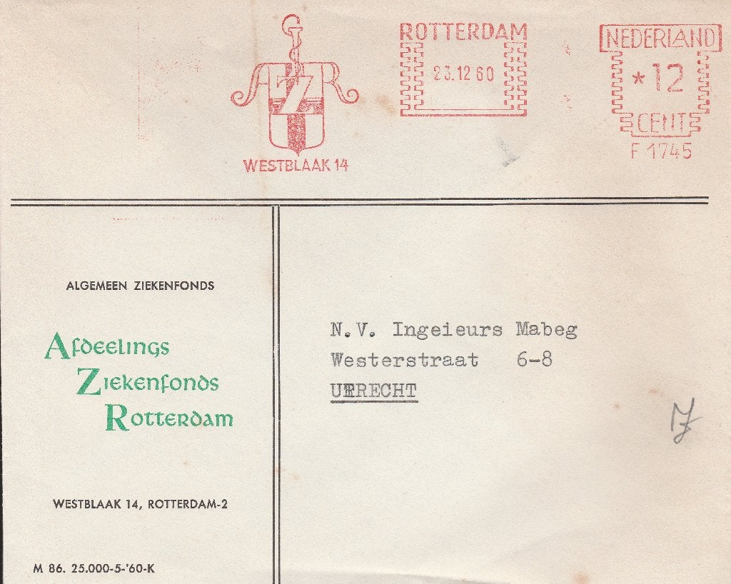 ROTTERDAM 1960 AFDEELINGS ZIEKENFONDS ROTTERDAM Westblaak 14, Verzamelen, Ophalen of Verzenden, 1960 tot 1980, Gelopen, Zuid-Holland